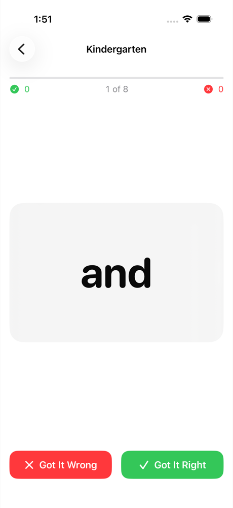 A flash card showing the word and, with Got It Wrong and Got It Right buttons underneath.