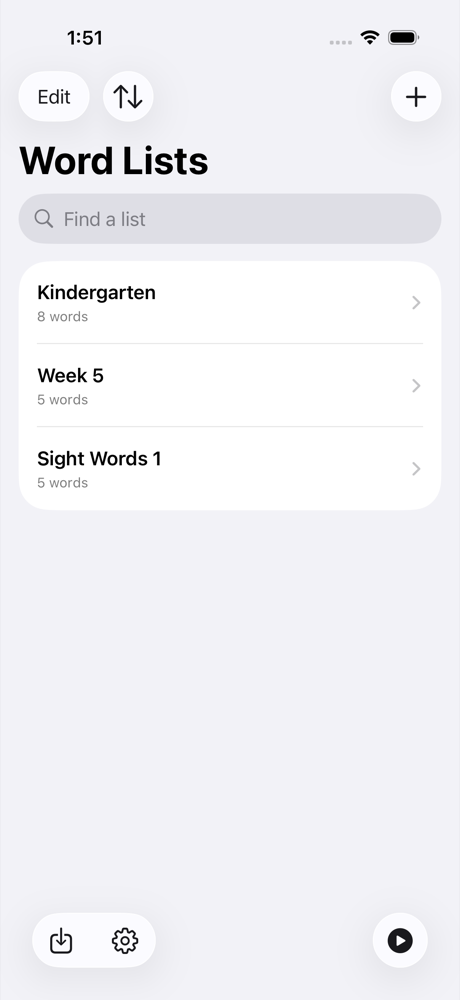 A list of word lists: Kindergarten, Week 5 and Sight Words 1, each showing how many words it holds.